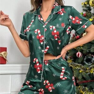 Brand New Festive Green Satin Pajama Set